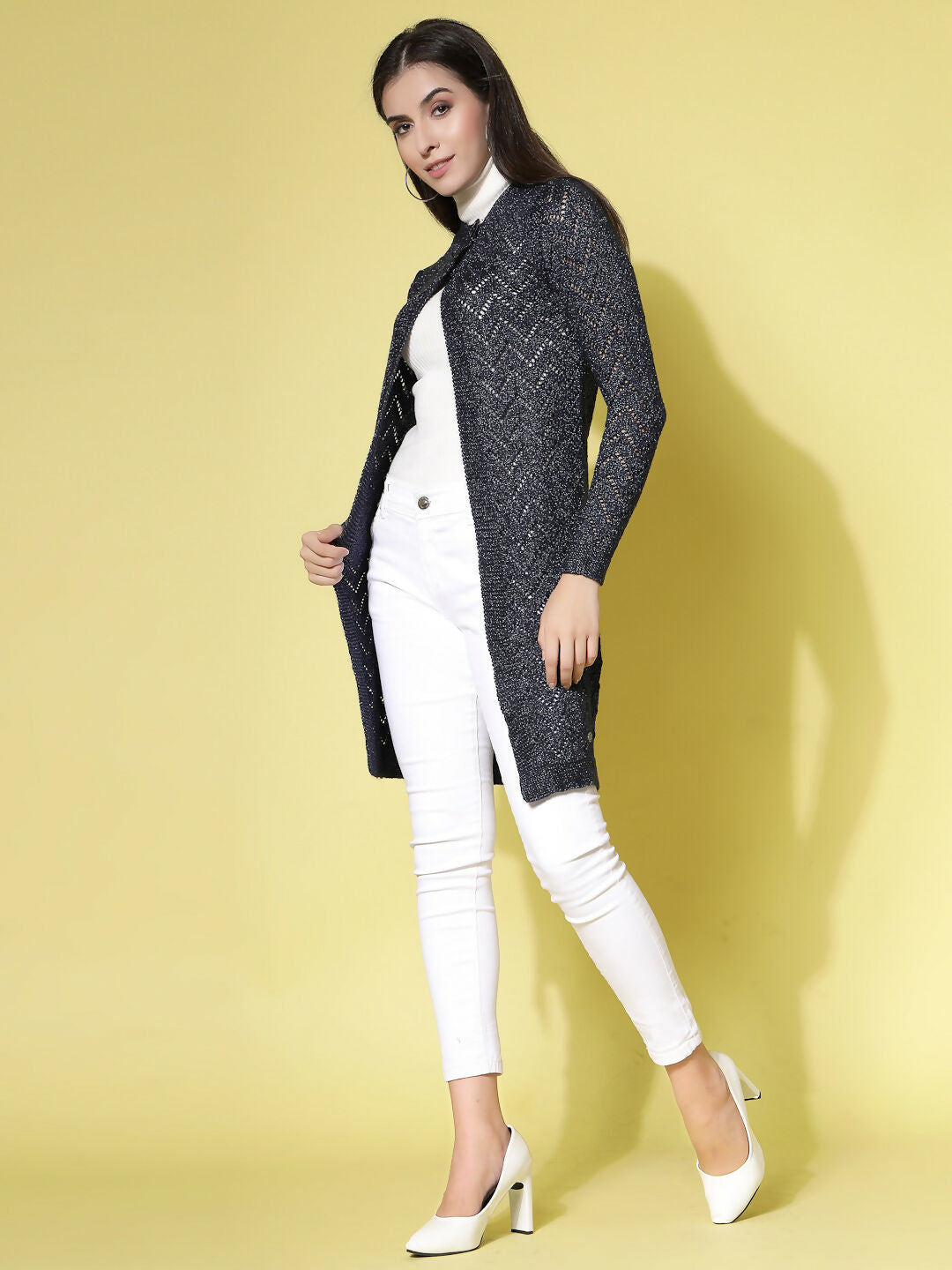 Women Self Design Long Navy Blue Acrylic Winter Shrug - Wool Trees | Grocsy
