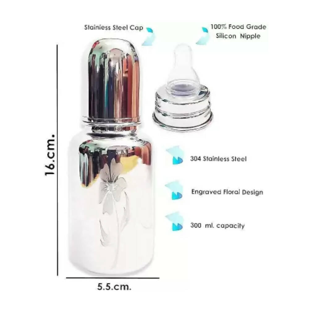 Goodmunchkins Stainless Steel Feeding Bottle 304 Grade Steel, Jointless, BPA Free, Rustfree Bottle with 2 Anti Colic Silicone Nipple For Kids | Grocsy