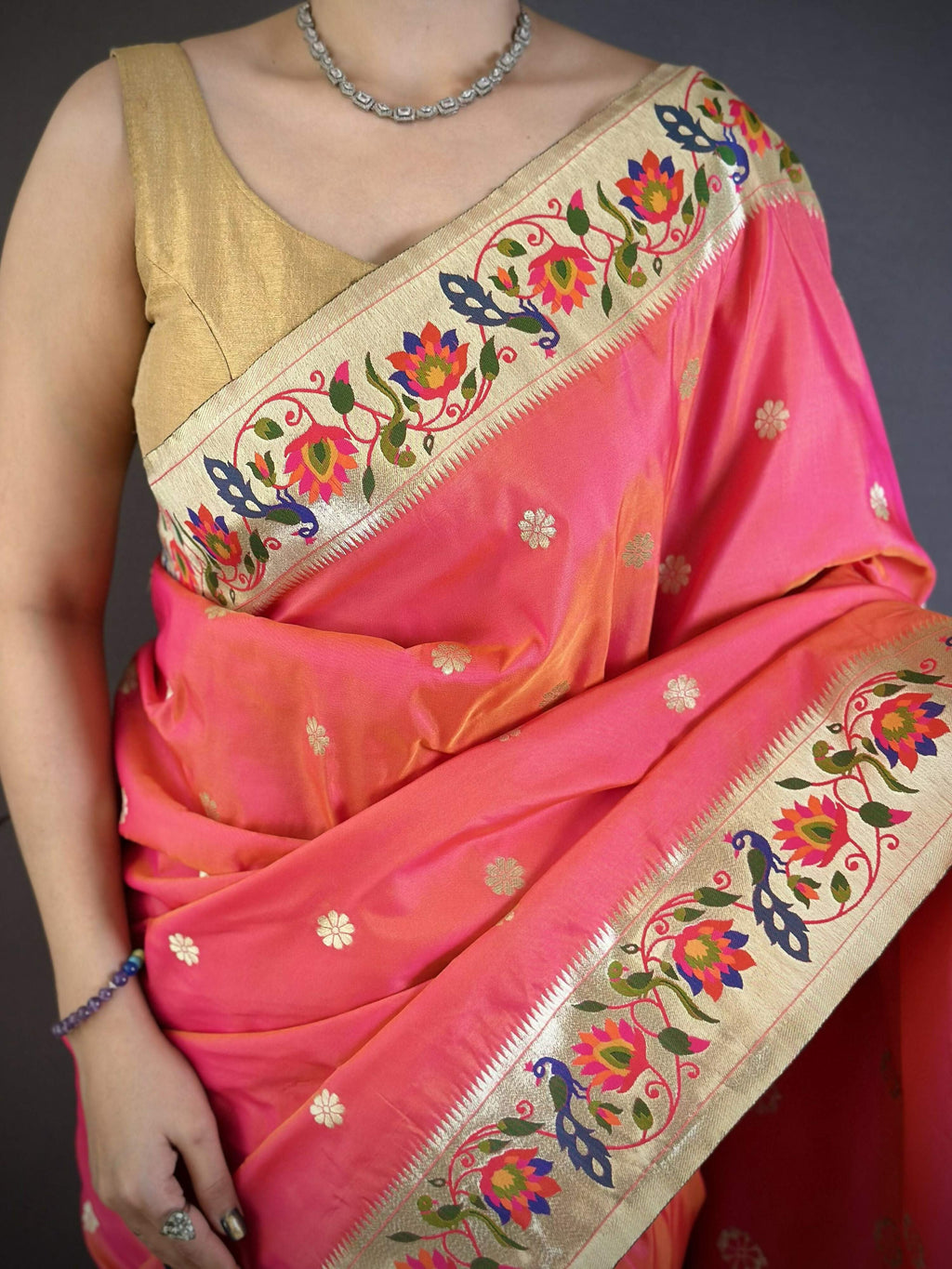 Prime Volt Premium Soft Silk Mayur Paithani Saree with Peacock Meena Weaving & Rich Pallu-Bright Pink | Grocsy