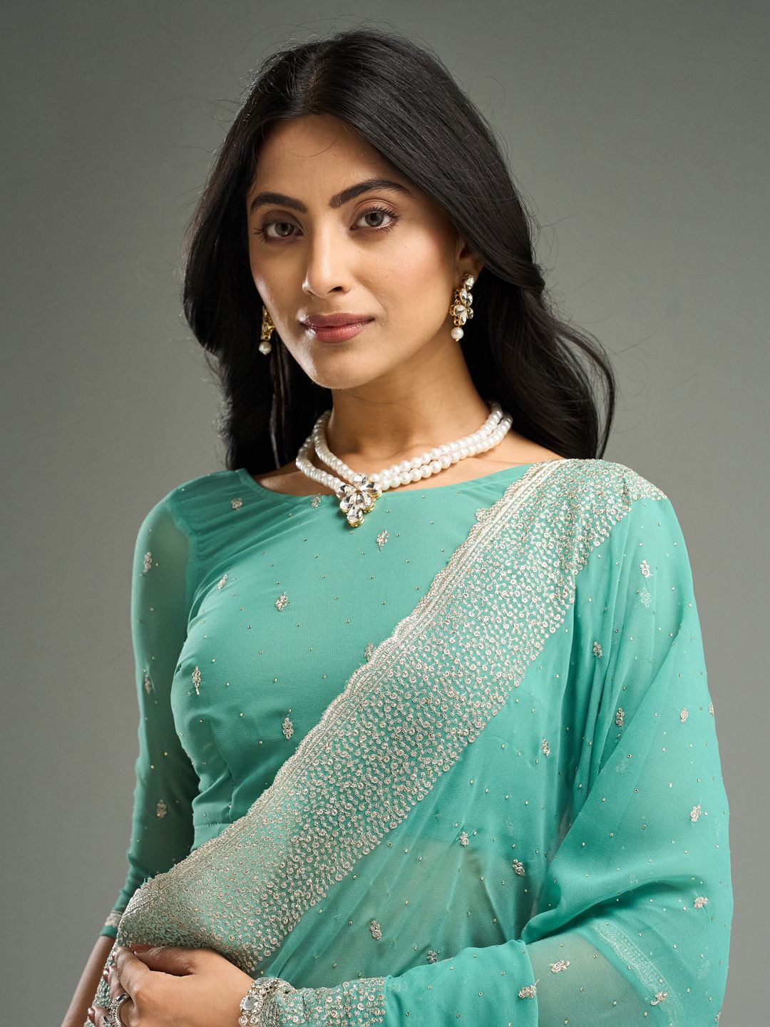 kasee Floral Embroidered Beads and Stones Pure Georgette Saree | Grocsy