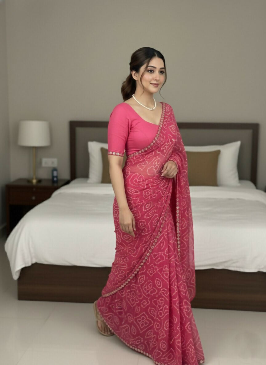 Teeya Creation Womens New Simply Daily Wear Georgette Saree-Pink | Grocsy