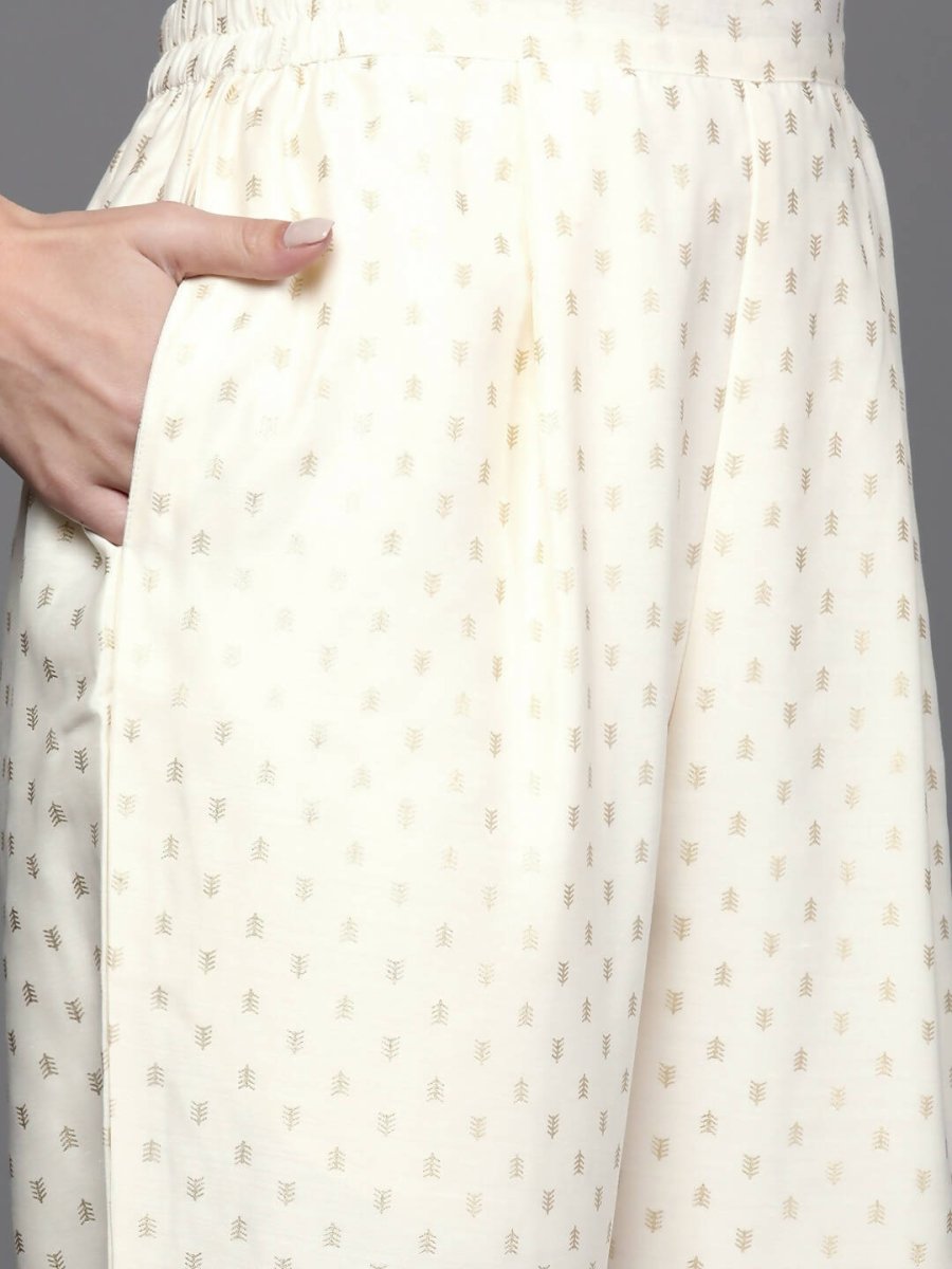 Ahalyaa Women Printed Pleated Kurta with Trousers - Off White Color | Grocsy