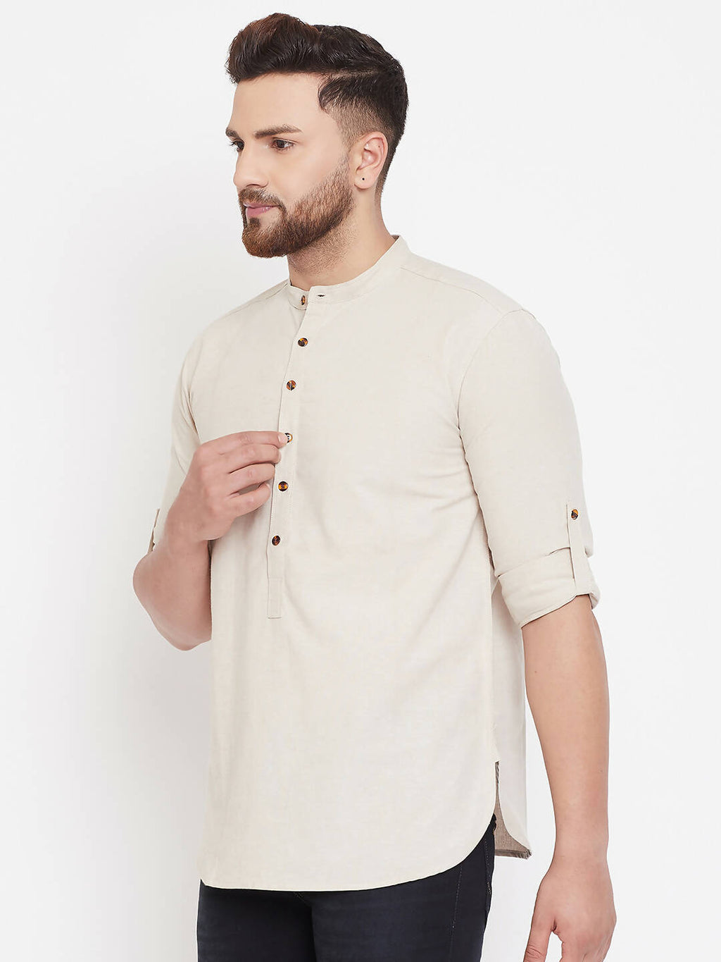 Even Apparels Beige Pure Cotton Men's Kurta With Band Collar | Grocsy