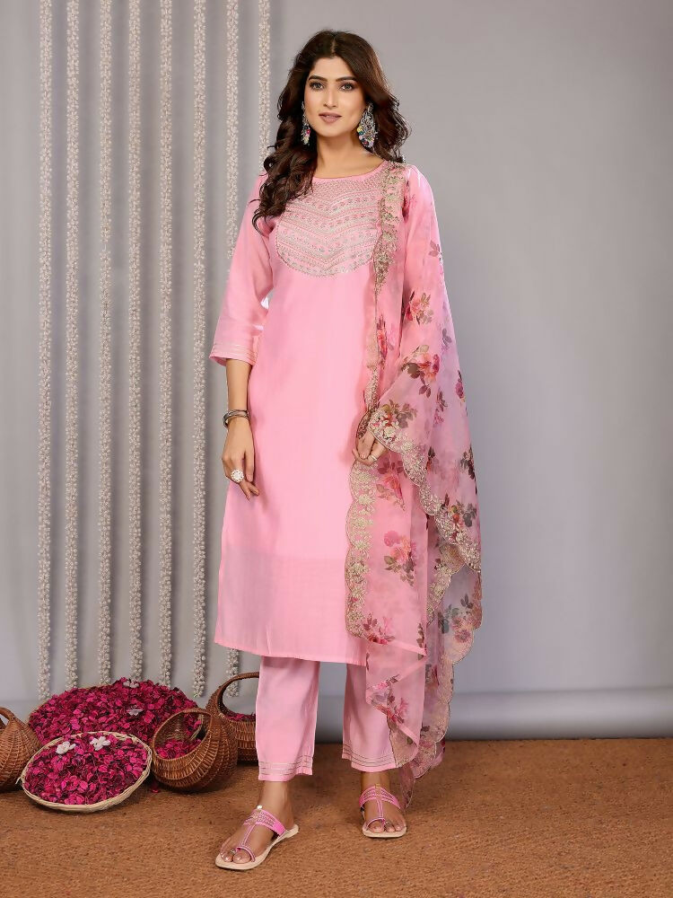 Joban Fashion Women Light Pink Roman Embroidery Stitched Kurta Set | Grocsy