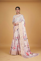 White Cotton Silk Digital Printed Saree With Unstitched Blouse Piece - Alisha | Grocsy