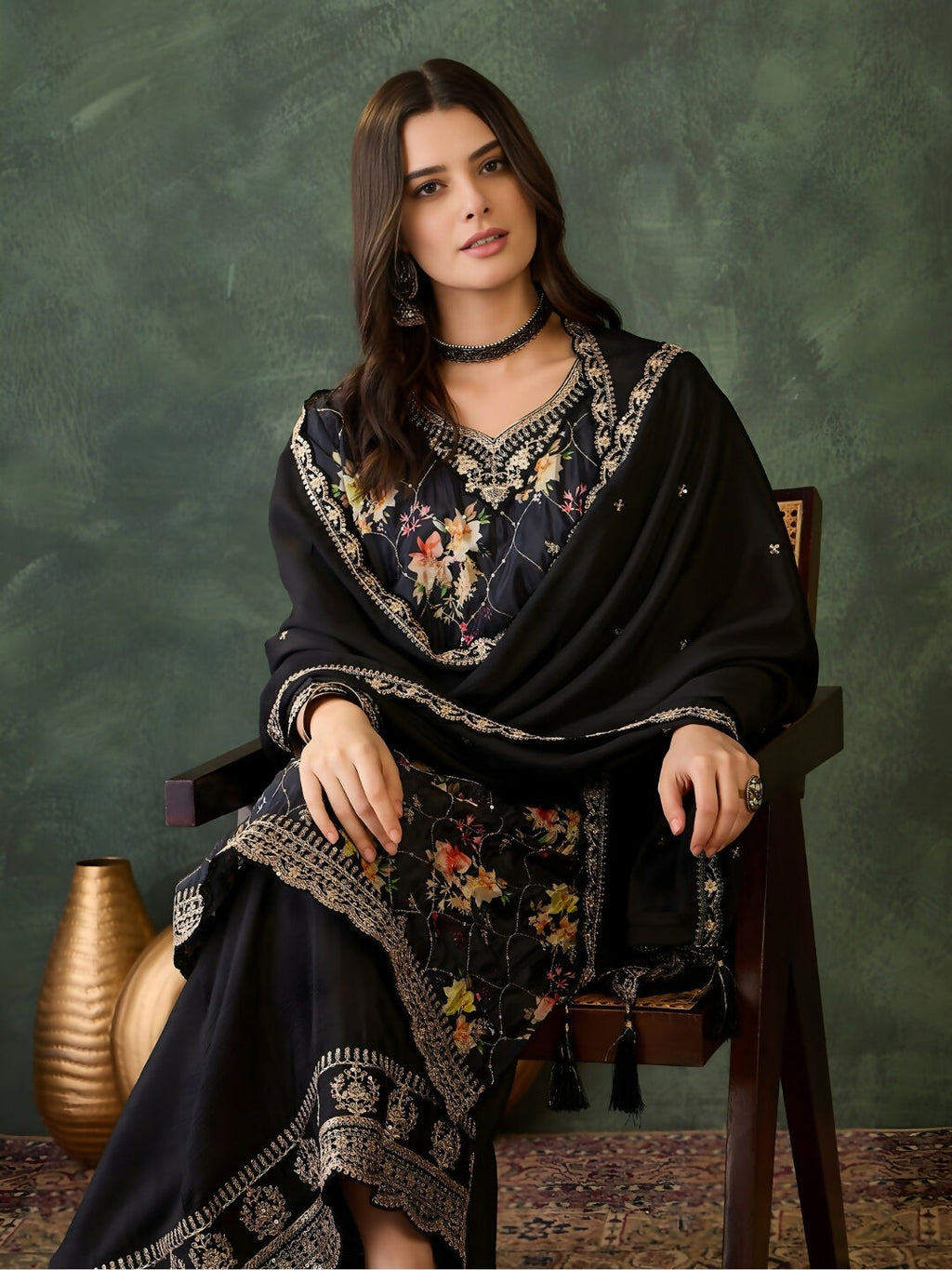 The52 Women's Gorgeous Embroidery Chinon Fabric Straight Kurta Palazzo and Dupatta Set-Black | Grocsy