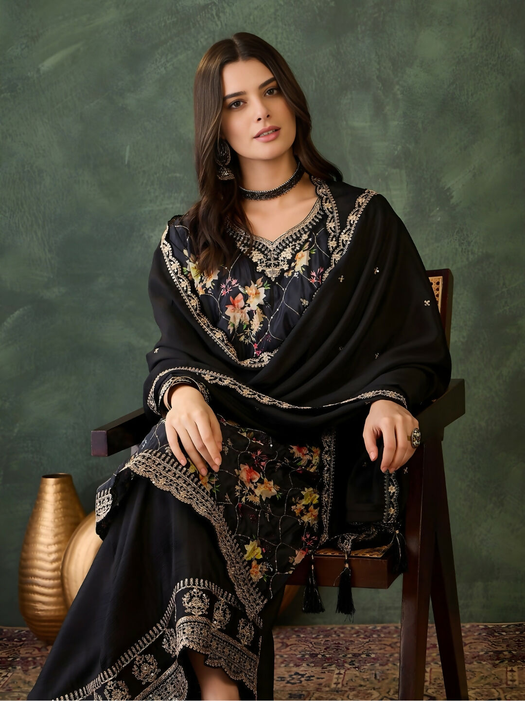 The52 Women's Gorgeous Embroidery Chinon Fabric Straight Kurta Palazzo and Dupatta Set-Black | Grocsy