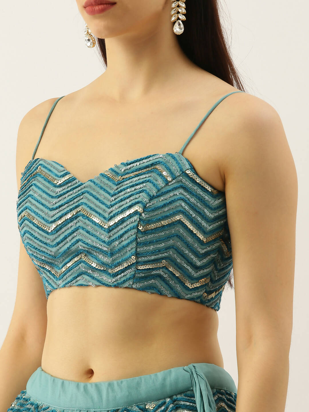 House of Panchhi Women Sea Green Net Zig-Zag Embroideried Lehenga, Blouse & Dupatta | Grocsy
