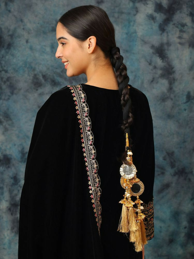 Ruby Raang Gold Gota Pati Work And Threads With Pearls And Black Thread And Mirrors | Grocsy