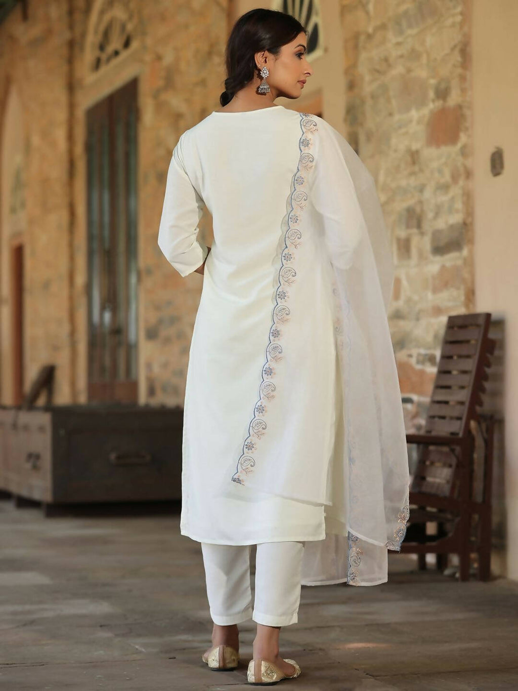 Juniper Women's White Chinnon Solid Embroidered Kurta Set | Grocsy