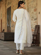 Juniper Women's White Chinnon Solid Embroidered Kurta Set | Grocsy