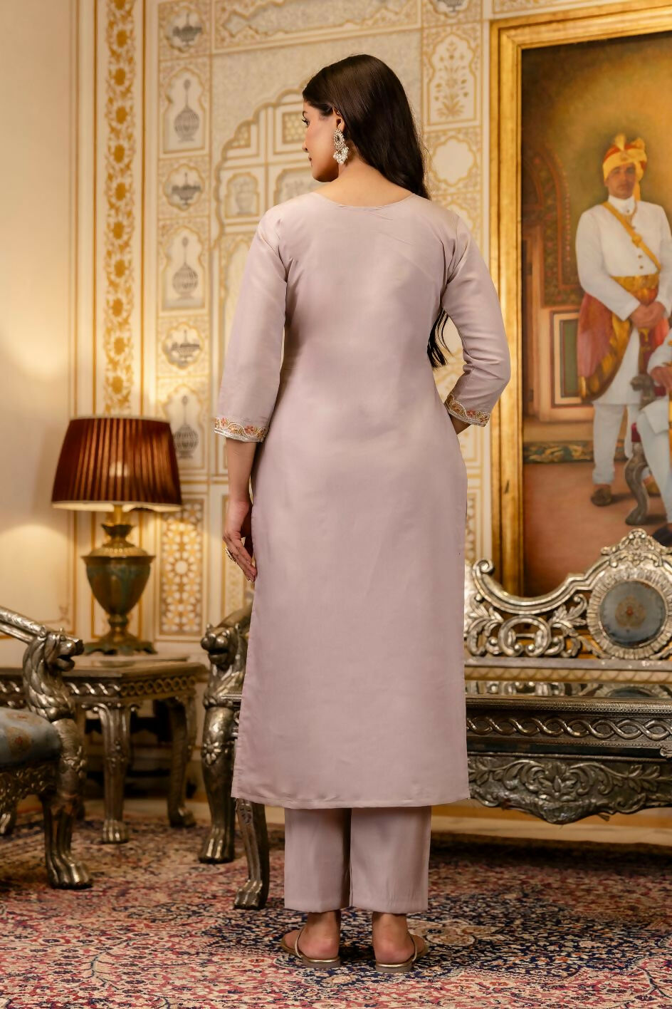 The52 Lavender Women's Beautiful Viscose Shimmer Fabric Embroidered Work Straight Kurta Pant and Dupatta Set | Grocsy