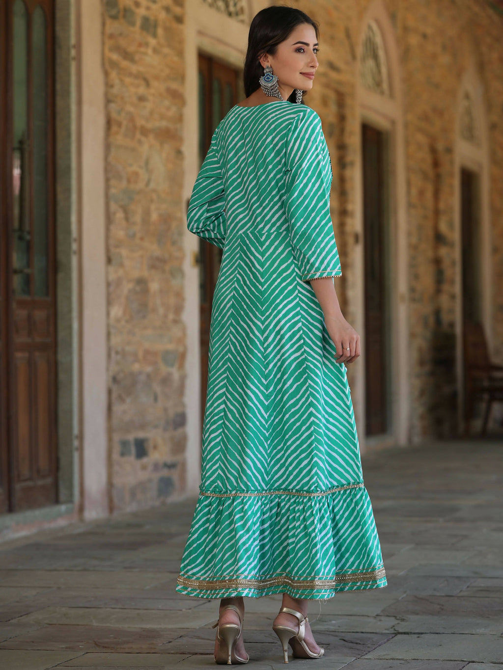 Juniper Women's Green Printed Embroidered Mirror Work Sequin Cotton Flared Dress | Grocsy