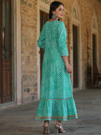 Juniper Women's Green Printed Embroidered Mirror Work Sequin Cotton Flared Dress | Grocsy