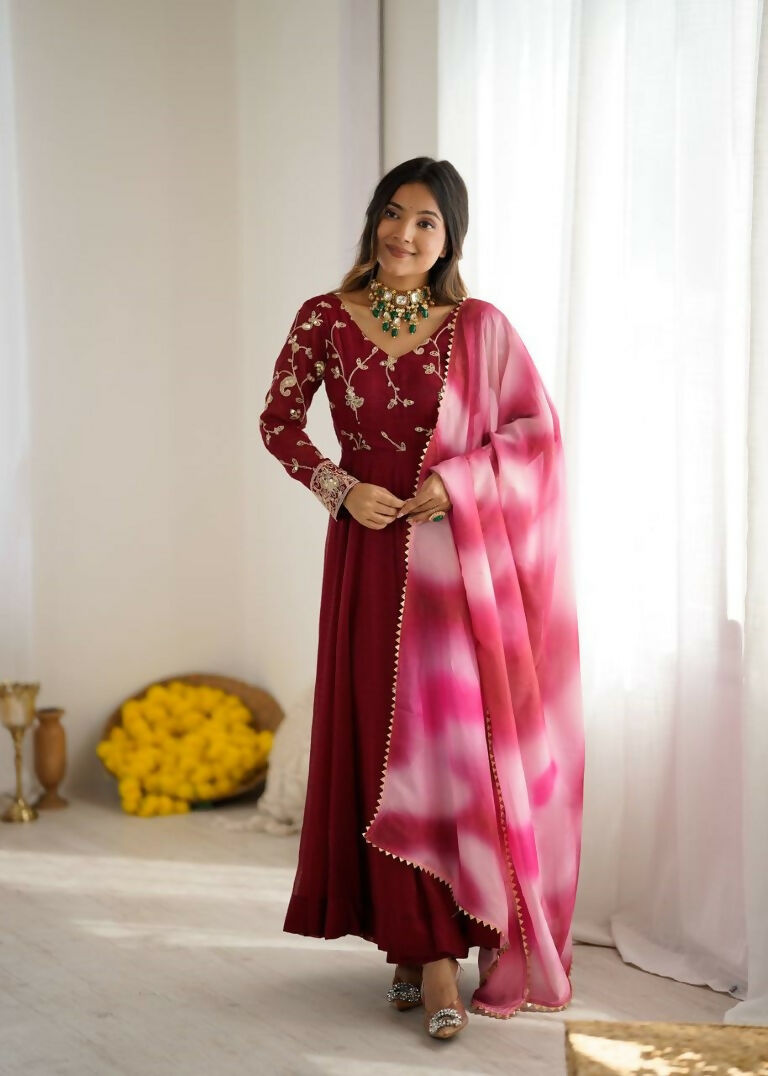 Teeya Creation Maroon Color Crunchy Silk Embroidery Work Gown | Grocsy