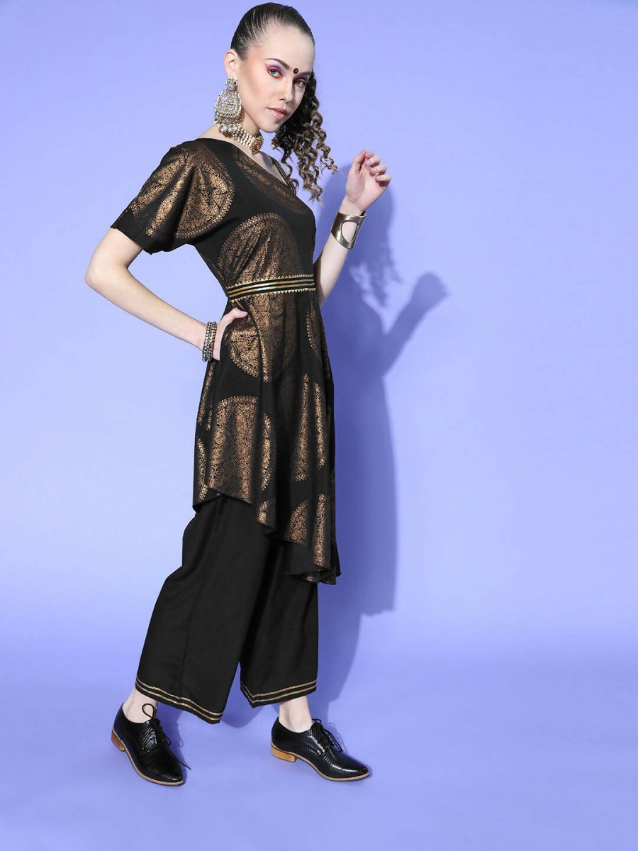 Ahalyaa Women Black Colour Crepe Printed Top Palazzo Set | Grocsy