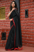 Very Much Indian Pure Cotton Handloom Saree With Intricate Border - Black | Grocsy