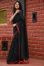 Very Much Indian Pure Cotton Handloom Saree With Intricate Border - Black | Grocsy