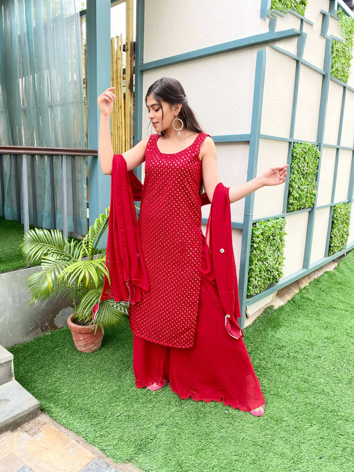 Partywear Designer Red Georgette Palazzo Suit - Anbazaar | Grocsy