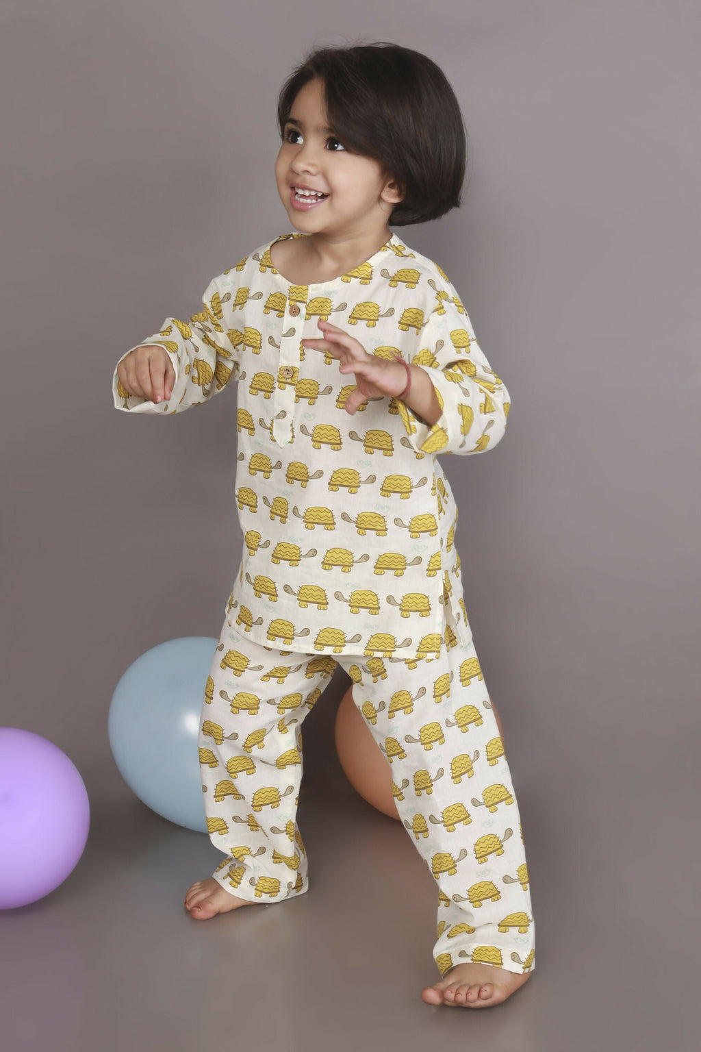 Breathables Kids Cotton Turtle Print Co-Ord Night Suit With Kurta And Pyjama – White & Yellow | Grocsy