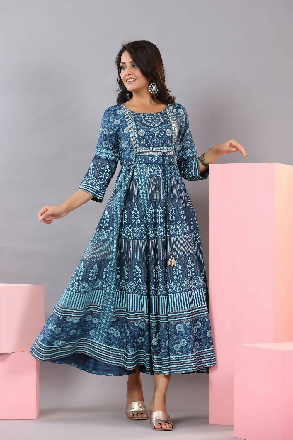 Juniper Women Blue Shantoon Floral Printed Maxi Dress | Grocsy