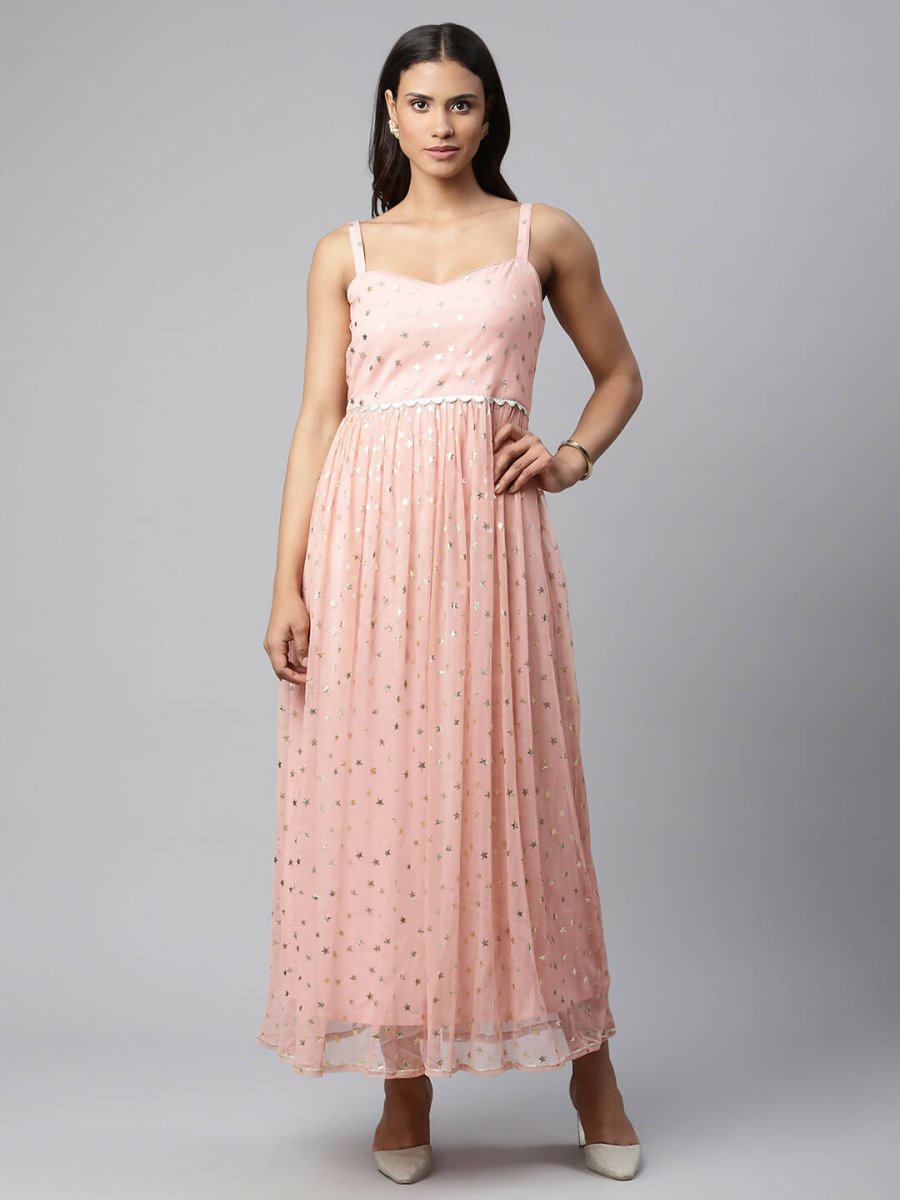 Ahalyaa Women Pink Net Gold Foil Print Dress | Grocsy