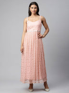 Ahalyaa Women Pink Net Gold Foil Print Dress | Grocsy