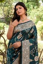 Joban Fashion Green Banarasi Soft Pure Handloom Banarasi Silk Saree | Grocsy